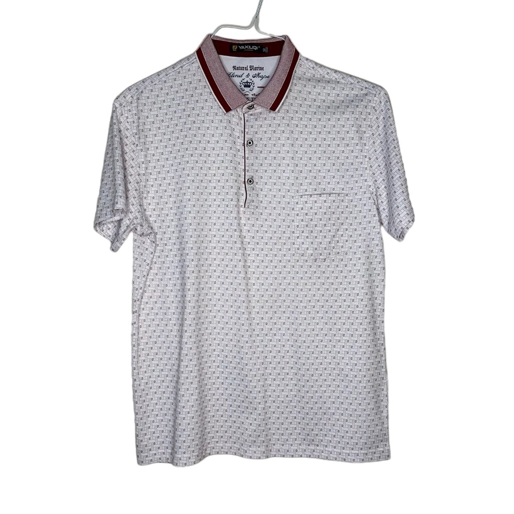 Men’s Maroon White Geometric Print Short Sleeves Polo Shirt 52